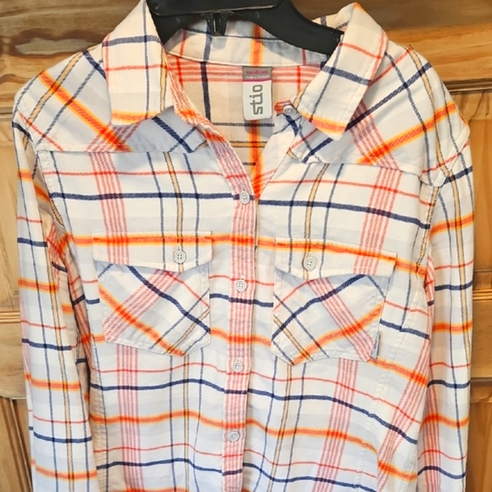 Plaid Button-Up Shirt in Orange and Blue